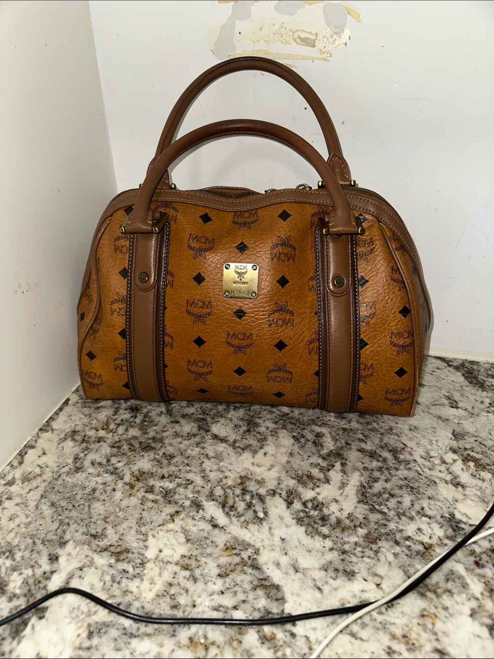 MCM Brown Visetos Logo Dome Satchel with Gold Plaque